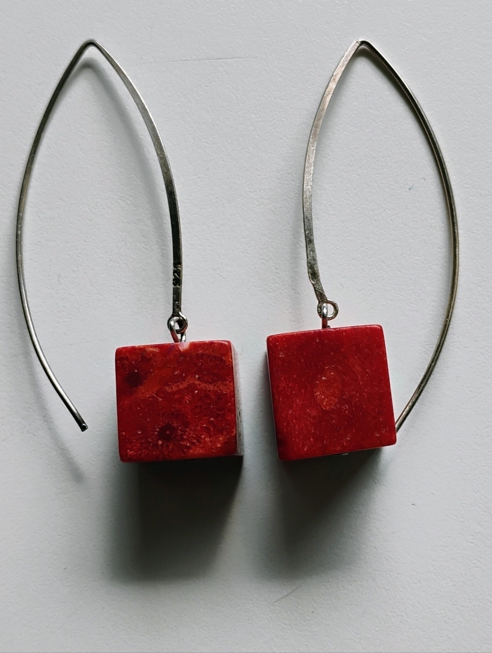 Vintage 925 Sterling Silver Natural Coral Cube Dangle Earrings